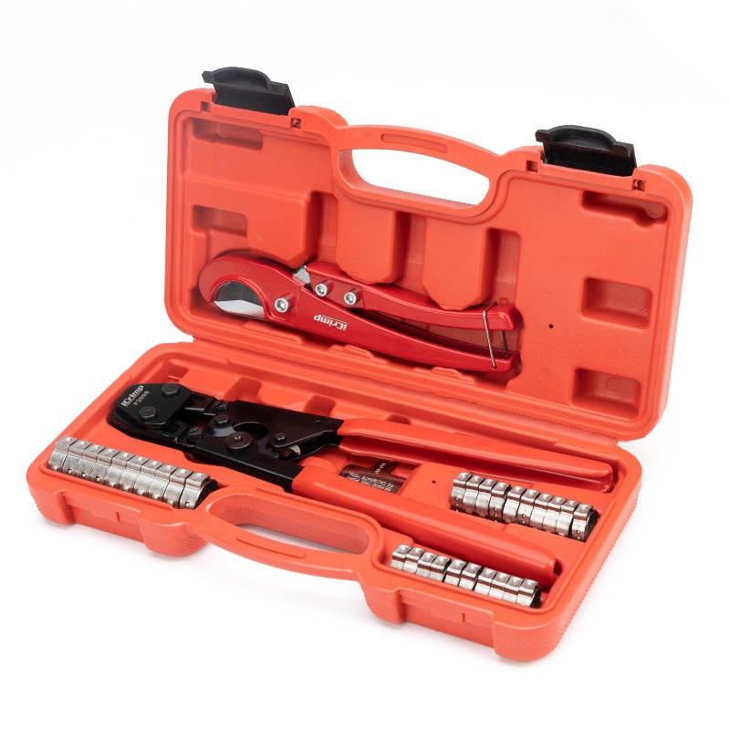 iCrimp KIT-1096D PEX Clamp Tool Kit for 3/8 to 1 inch PEX Cinch Clamps  with 20pcs 1/2 inch & 10pcs 3/4 inch PEX Cinch Clamp Rings  PEX Tubing Cutter  All-in-one PEX Crimping Tool Kit - Image 1